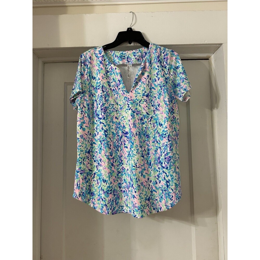 LULU B Size Large Bright Floral Stretch Short Sleeve Top golf pickleball UPF+ 50